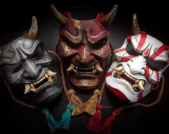 Traditional Japanese Samurai Oni mask. Handmade art collection. Custom colors. Wood mask. Japanese folklore.