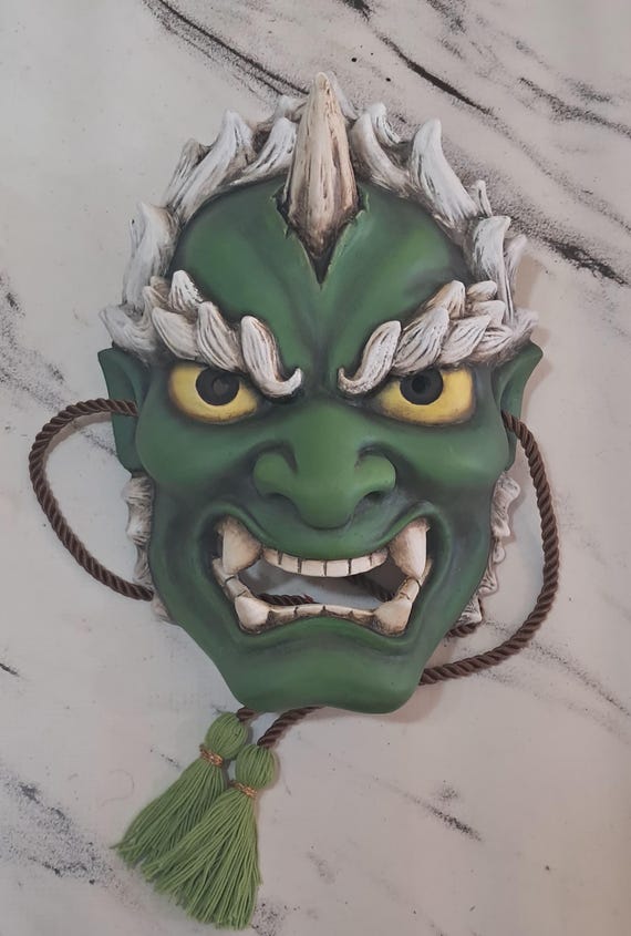 Handmade Raijin Mask: Japanese Folklore Green Wall Decor - Etsy