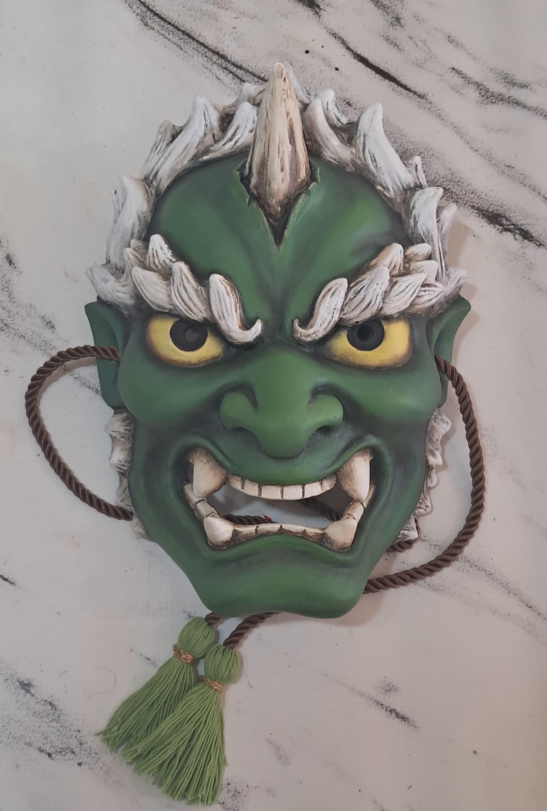 Handmade Raijin Mask: Japanese Folklore Green Wall Decor - Etsy