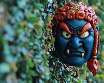 Traditional JapaneseFudō Myō-ō mask. Handmade art collection. Custom colors. Wood mask. Japanese folklore.