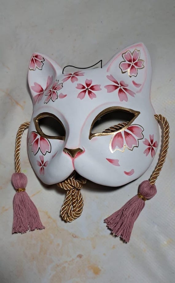 Handmade Japanese Cat Mask: Floral Wood Mask, Custom Colors - Etsy
