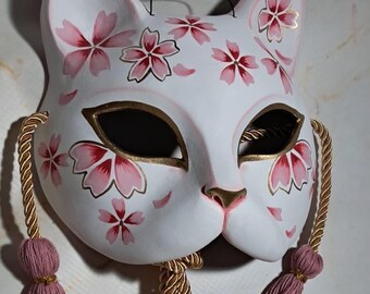 手作りの日本の猫マスク：花柄の木製マスク、カスタムカラー対応