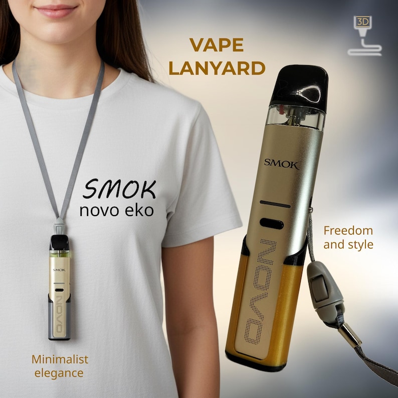 Peut inclure: Un appareil de vapotage dor&eacute; et argent&eacute; avec un embout buccal noir et la marque "SMOK" est pr&eacute;sent&eacute;. L'appareil est attach&eacute; &agrave; une lani&egrave;re grise. Le texte "VAPE LANYARD", "SMOK novo eko", "Freedom and style" et "Minimalist elegance" sont &eacute;galement visibles.