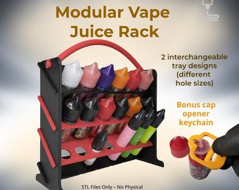 Organisateur de flacons d'e-liquide imprimable en 3D (fichier STL) – Support modulaire pour e-liquide avec deux plateaux et porte-clés ouvre-bouchon