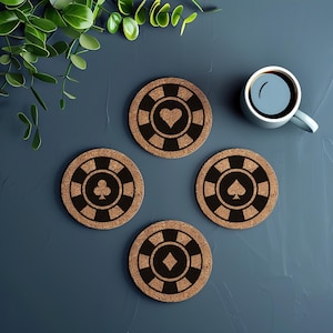 Ensemble de dessous de verre jetons de poker - cartes à jouer dessous de verre jetons de poker en liège - cadeau sur le thème du casino - ensemble de dessous de verre table de poker - cadeau pour joueur de poker