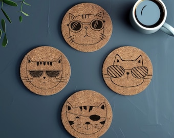 May include: Four cork coasters with a cat design. Each coaster features a different cat with sunglasses or an eye patch. The coasters are round and have a natural cork color.