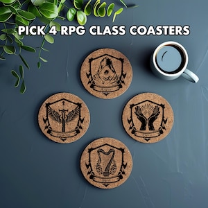 May include: Four cork coasters with black and white illustrations of different RPG classes: Rogue, Paladin, Cleric, and Bard. The coasters are on a gray surface.