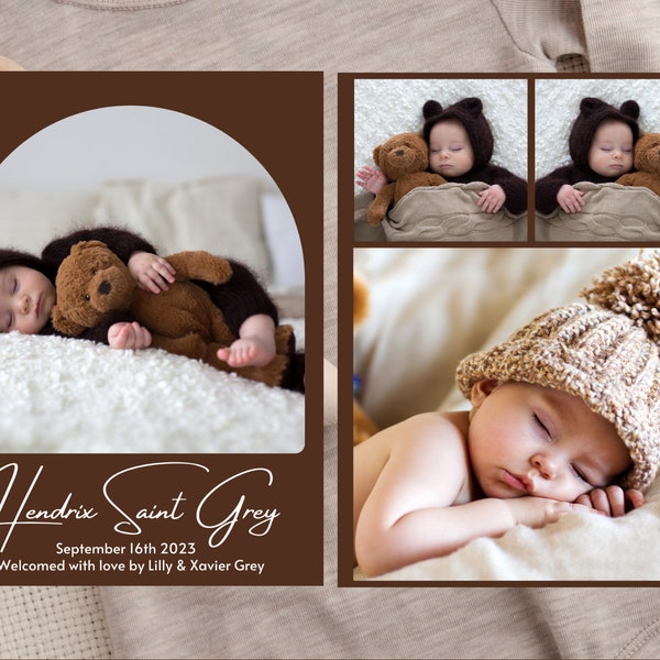 Modern Birth Announcement, Photo Announcement of Baby Card , Newborn, Editable Template , Printable, Instant Download. Template, Neutral