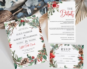 Christmas Wedding Invitation Template, Christmas Wedding Invitation Bundle, Holiday Wedding Invitation Printable,Edit with TEMPLETT,