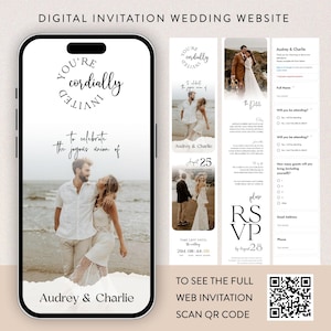 May include: A digital wedding website invitation displayed on a smartphone. The design includes photos of a couple, the text "You're Cordially Invited", and RSVP details. A QR code is included to access the full web invitation.
