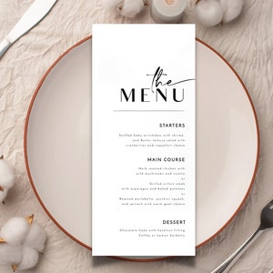 Modèle de Menu de mariage minimaliste, menu du dîner de mariage script moderne, modèle de Menu de mariage, carte de menu imprimable, téléchargement immédiat, numérique