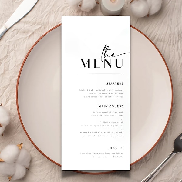 Plantilla de menú de boda minimalista, menú de cena de boda con guión moderno, plantilla de menú de boda, tarjeta de menú imprimible, descarga instantánea, digital