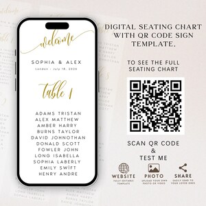 May include: A digital seating chart template displayed on a smartphone. The design features gold script text that reads "Welcome" and "Table 1." The names of the wedding party are listed below. A QR code is included for easy access to the full seating chart.