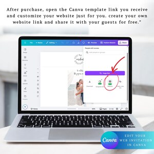May include: A laptop displaying a Canva website template. The screen shows a wedding invitation design with a couple embracing. The text on the screen includes "Copy link" and "Website". The laptop is on a white surface.