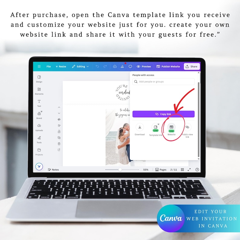 May include: A laptop displaying a Canva website template. The screen shows a wedding invitation design with a couple embracing. The text on the screen includes "Copy link" and "Website". The laptop is on a white surface.