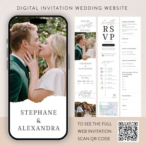 May include: Digital wedding website invitation on a smartphone. The invitation includes photos of a couple kissing, RSVP details, and a QR code. Text includes "Stephane & Alexandra" and "To see the full web invitation scan QR code."