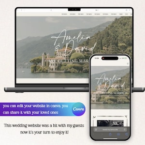May include: A laptop and smartphone display a wedding website design. The website features the names "Amelia & David" over a scenic lake view. The Canva logo is visible, along with text promoting website editing and sharing.