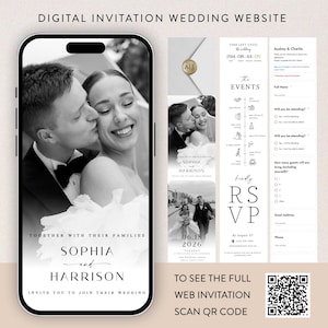 Op de afbeelding: Een digitale trouwuitnodigingswebsite weergegeven op een smartphone. Het ontwerp is zwart-wit, met een foto van een kussend stel, evenementdetails en een RSVP-sectie. Tekst bevat de namen van het paar en de trouwdatum.