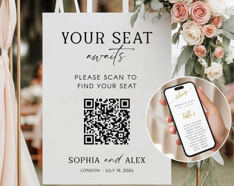 Sjabloon digitale tafelkaart bruiloft: welkomstbord met QR-code