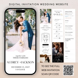 Op de afbeelding: Een digitale huwelijksuitnodiging weergegeven op een smartphone, met een foto van een kussend stel. De uitnodiging bevat de namen Audrey en Jackson, de trouwdatum en RSVP-details. De tekst "DIGITAL INVITATION WEDDING WEBSITE" staat bovenaan.