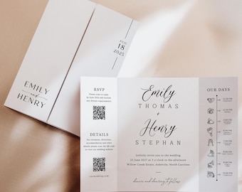 Editable Gatefold Wedding Invitation Template with QR Code (Digital Download)