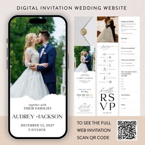 May include: A digital wedding invitation website displayed on a smartphone. The design includes photos of the couple, event details, and an RSVP section. The invitation includes the names Audrey and Jackson, and the date December 13, 2027.