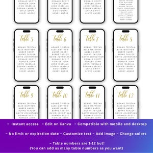 May include: Digital wedding seating chart template with table numbers 5-12 displayed on smartphones. Each phone shows guest names in a gold font. The bottom of the image has text about customization.