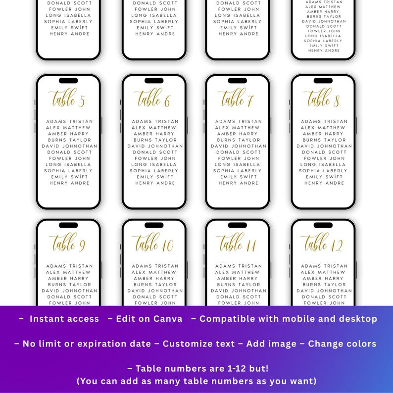 May include: Digital wedding seating chart template with table numbers 5-12 displayed on smartphones. Each phone shows guest names in a gold font. The bottom of the image has text about customization.