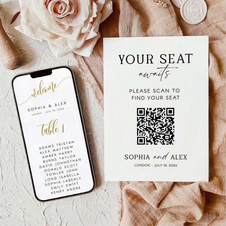 May include: A smartphone displays a welcome message and table assignments in gold script. A white card reads "Your Seat Awaits" with a QR code and event details. The theme is a wedding or special event.