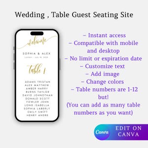 May include: A smartphone screen displays a digital wedding table seating chart. The design features gold text with guest names and table numbers. Additional text highlights features like instant access, mobile compatibility, and customization options.