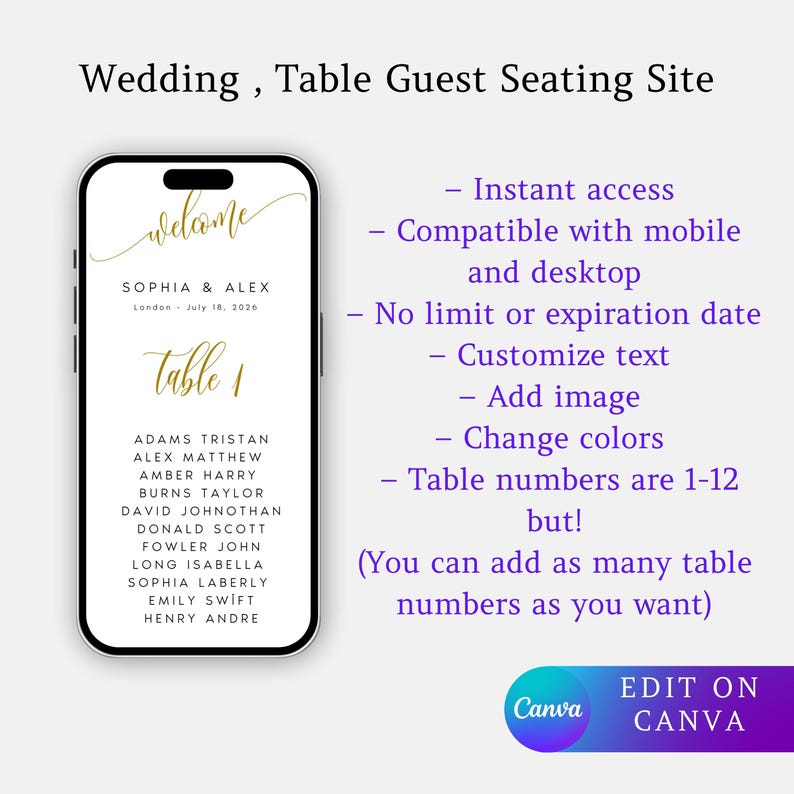 May include: A smartphone screen displays a digital wedding table seating chart. The design features gold text with guest names and table numbers. Additional text highlights features like instant access, mobile compatibility, and customization options.