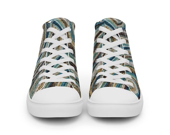 Men’s High Top Canvas Shoes, Land & Sea Breezes Mosaic Sneakers, Caribbean Inspired Shoes, Blue Green Art Sneakers, Tapanaris