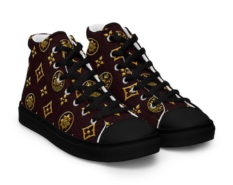 Oxblood & Gold High Top Sneakers | Luxury Unisex Streetwear Shoes | Designer Fashion Sneakers | Gifts