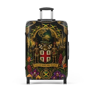 May include: A black rolling suitcase featuring a detailed Jamaican coat of arms design. The design includes the Jamaican flag, a globe, two figures, and the text "OUT OF MANY, ONE PEOPLE". The suitcase has a retractable handle.