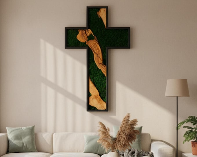 Featured listing image: Handmade Olive Wood & Moss Cross Wall Art: Christian Home Decor