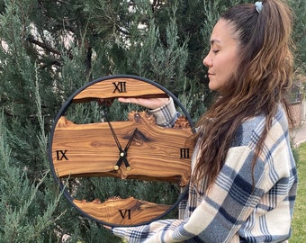 Handcrafted Live Edge Olive Wood Wall Clock – Fast Production & Shipping, Personalized Natural Wooden Clock, Bespoke Olive Wood Wall Clock