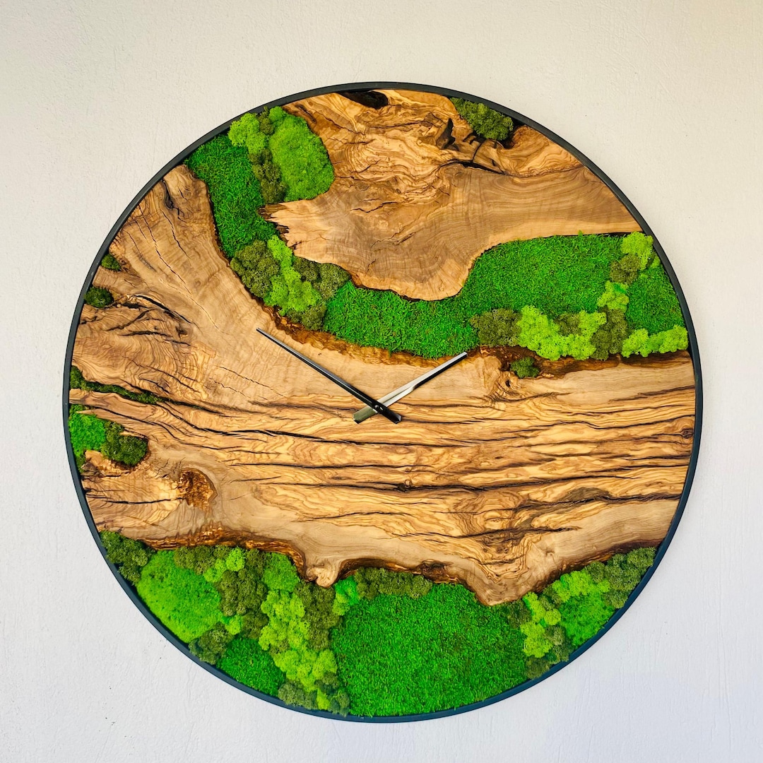 Handmade Olive Wood Moss Wall Clock - Black Metal Frame - Etsy