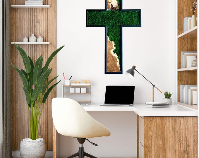 Featured listing image: Handmade Baptism Moss Wall Art, Olive Wooden Cross, Christian Home Decor