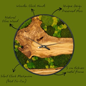 Handmade Olive Wood Moss Wall Clock: Silent Decor