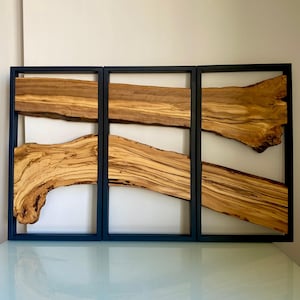 Set of 3 Metal and Wooden Wall Art, Live Edge Olive Wood Decor, 3 Pieces Olive Wood Wall Hanging, Rustic Wall Art,Wall Art For Home & Office