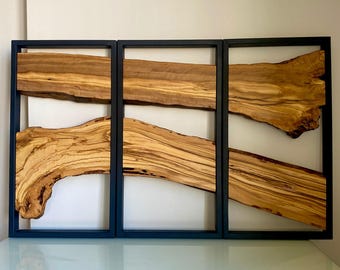 Set of 3 Olive Wood Wall Art: Rustic Metal Frame Decor