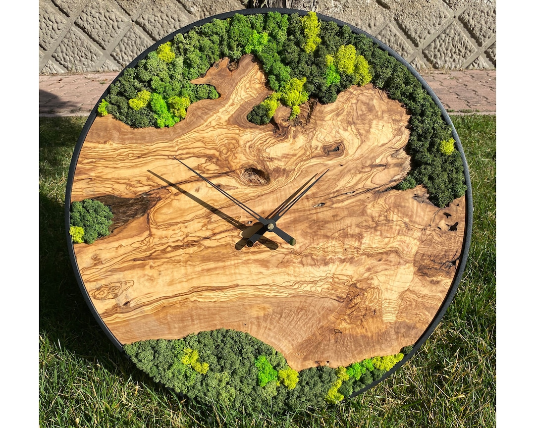 Handmade Olive Wood & Moss Wall Clock: Unique Home Decor - Etsy