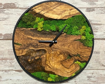 Live Edge Olive Wood Moss Wall Clock: Handmade Botanical Art