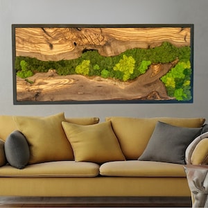 Custom Order Moss Wall Art, Made to Order Preserved Moss Hanging, Preserved Moss and Olive Wood Wall Decor for Living Room, Olive Wood Art