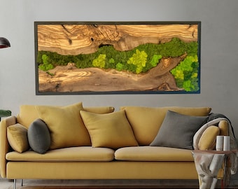 Custom Order Moss Wall Art, Made to Order Preserved Moss Hanging, Preserved Moss and Olive Wood Wall Decor for Living Room, Olive Wood Art