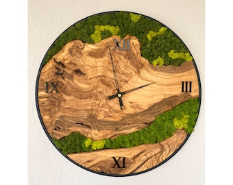 Handmade Moss Wall Clock: Olive Wood Art Decor