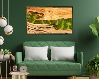 Live Edge Olive Wood Moss Wall Art: Handmade Preserved Moss Hanging