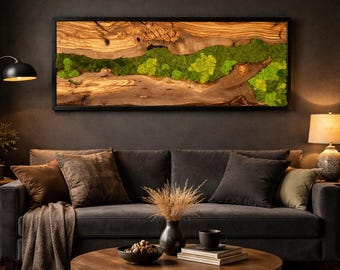 Bespoke Moss Wall Art with Olive Wood And preserved Moss