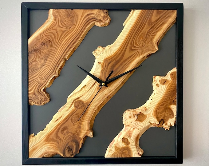 Featured listing image: Live Edge Olive Wood Clock: Rustic Black Frame Wall Art