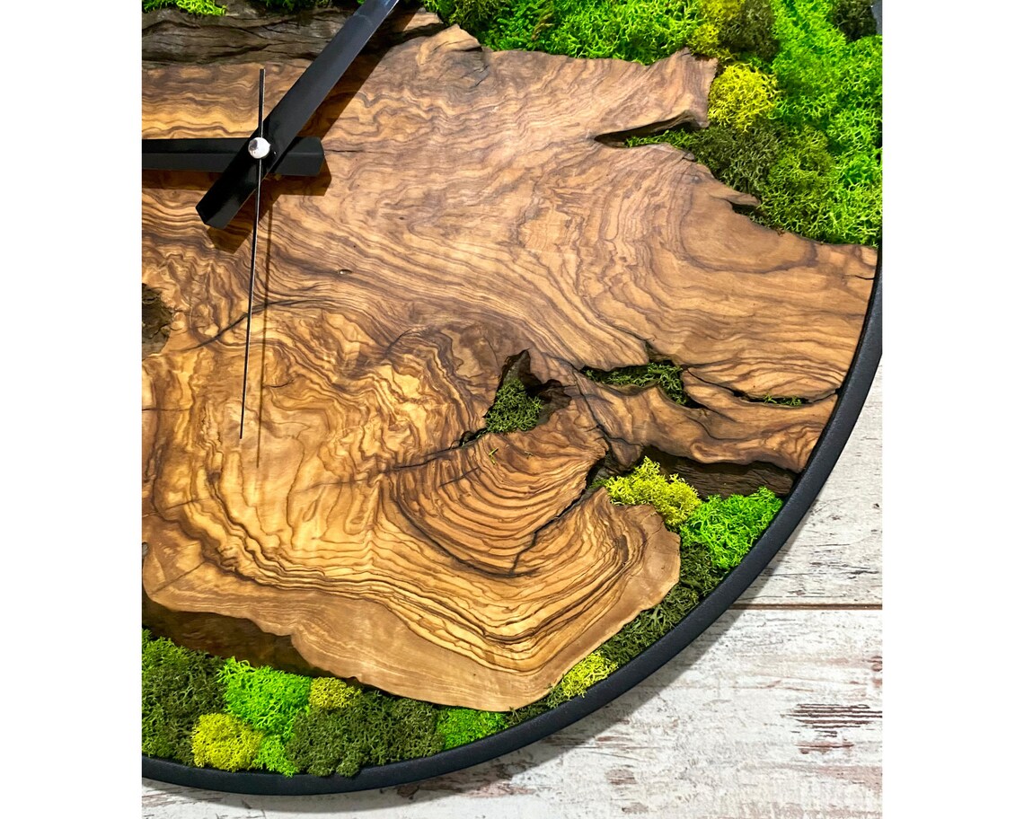 Live Edge Olive Wood Moss Wall Clock: Handmade Botanical Art - Etsy